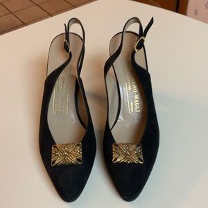 Vintage Bruno Magli Bologna Black Suede Slingback Pumps - 7.5 AAA Narrow